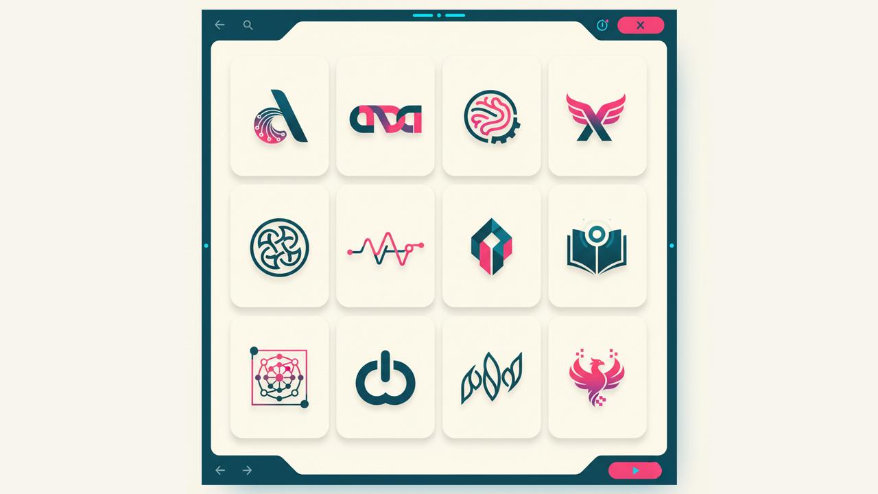 Sheet of AI-generated logo explorations for modern brands