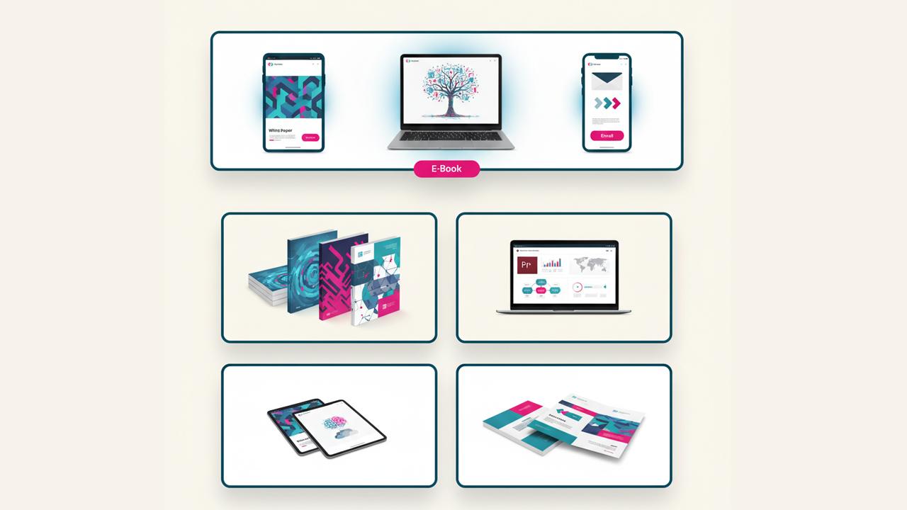 Grid of AI-generated marketing materials including decks and emails